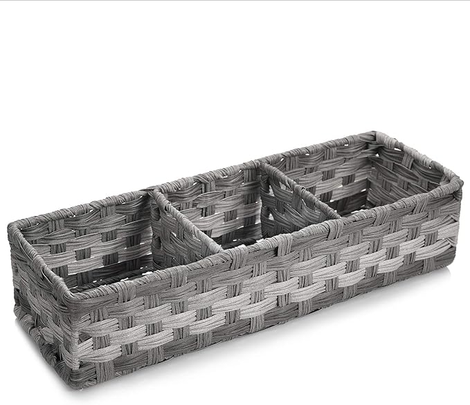 [Larger Compartments] Toilet Tank Topper Paper Basket - Multiuse Hand Woven Plastic Wicker Basket with Divider for Organizing, Rustic Farmhouse Bathroom Decor, Countertop Organizer Storage, Grey
