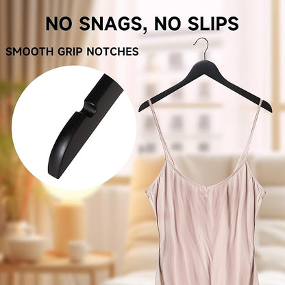 Premium Wooden Top Hangers, Heavy Duty Solid Wood Suit Hangers with 360° Swivel Hook & Anti-Slip Notches, Durable Clothes Hangers for Jackets, Coats, Shirts & Dresses(Black/24-Pack)