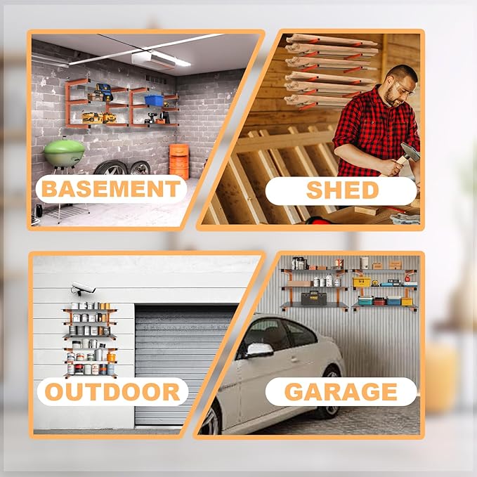 4 Pack Wall-Mounted Lumber Rack, Heavy Duty Wood Storage Racks, 6-Level System Garage Shelving, 1320 LBS Capacity Hanging Organizer Shelves, Orange Brackets Utility Metal Shelf for Indoor and Outdoor