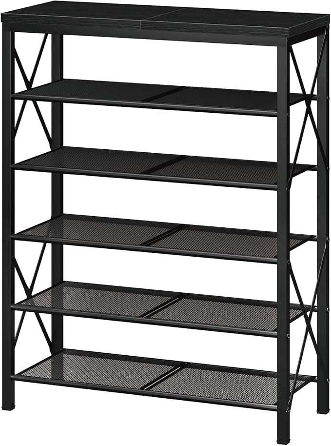 Shoe Rack for Entryway, 6 Tier Shoe Organizer with Mesh Shelves, Metal Shoe Storage for Closet Garage, Black