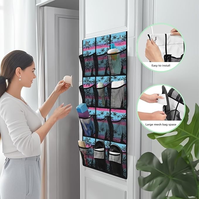 Over the Door Shoe Organizer 12 Large Pockets Hanging Shoe Organizer for Closet Sturdy Oxford Fabric Shoe Hanger Tropical Coconut Palm