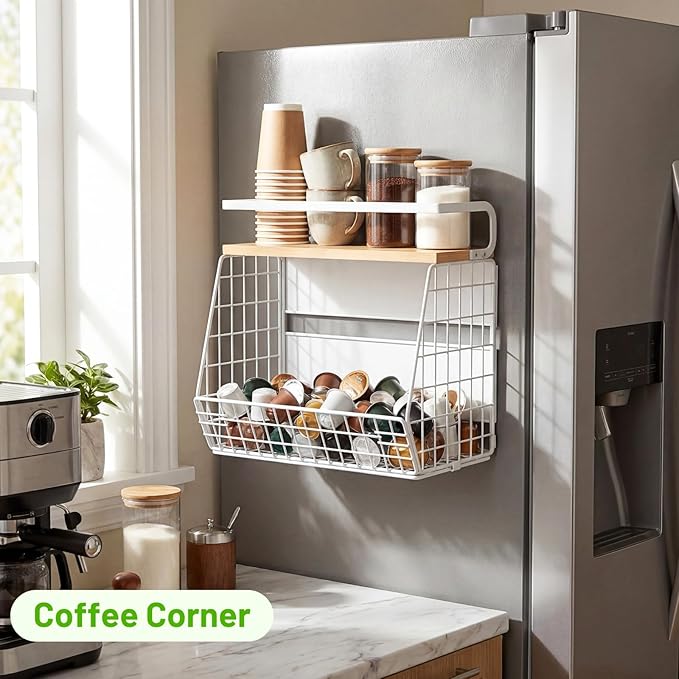 Ofiray-home Magnetic Fridge Shelf with Wood Lid, Fruit Potato Onion Storage Bins, Pantry Organizers, Large Container Spice Rack for Refrigerator, Kitchen Counter, Cabinet (1, White)