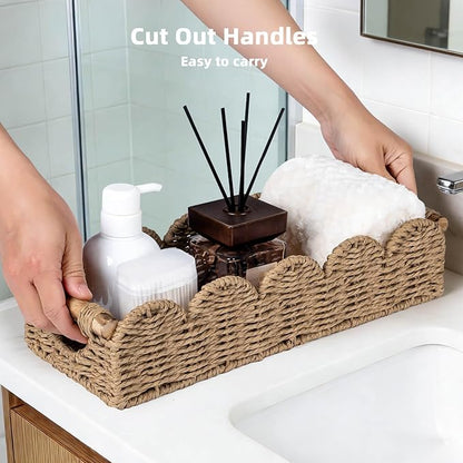 CubesLand Bathroom Basket Organizer w/Cut Out Handle, Back of Toilet Paper Storage Baskets Tray for Bathroom Countertop Decorative, Scalloped Wicker Basket Also for Home Decor, Living Room, Neutral