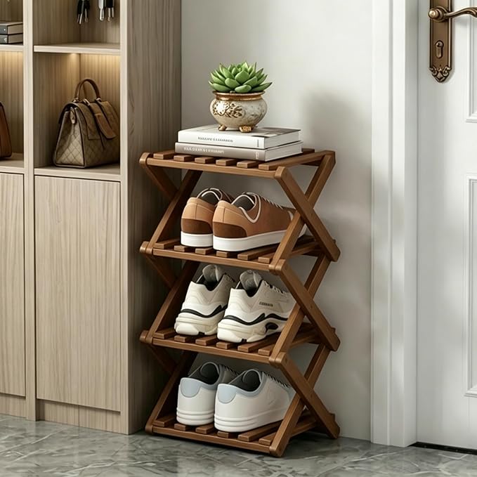 Narrow Shoe Rack, Foldable Bamboo Shoes Shelf for Small Spaces, Multifunctional Vertical Shoe Organizer Tall for Entryway, Closet, Corner, Bedroom, Hallway (Brown, 4 Layers)