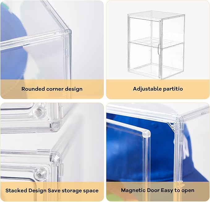 Hat Organizer Box,Hat Display Case,Stackable Clear Baseball Caps Storage Box Containers with Double-Sided Magnetic Door,Holds 15 Hats (XXL-1Pack-with Divider)