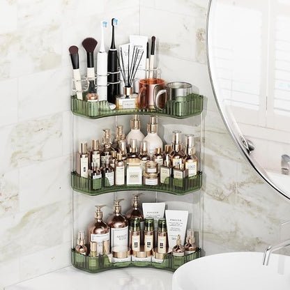 Asayuee 3-Tier Corner Bathroom Counter Organizer with Top Toothbrush Holders,Large Makeup Organizer Countertop with Brush Holder,Skincare Organizers Corner,Exquisite Vanity Organizer (Green, 3 Tier)