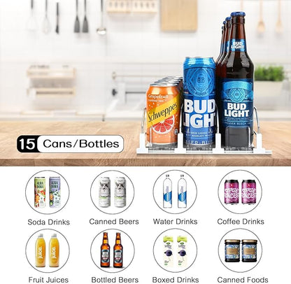 Soda Can Dispenser for Refrigerator, 3 Row Self-Pushing Rack, Fits up to 15 Cans, Width Adjustable Beverage Storage Rack, 15inch White