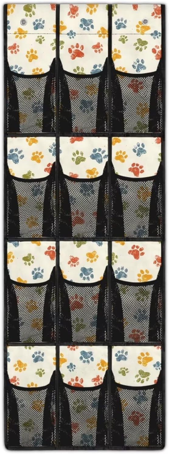 12-Pocket Space Saving Door Organizer, Over the Door Hanging Storage Bag for Shoes Toys and Essentials for Bedroom, Closet or College Dorm, Coloured Dog Paw Print