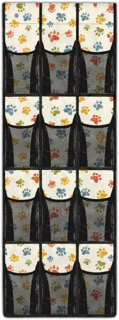 12-Pocket Space Saving Door Organizer, Over the Door Hanging Storage Bag for Shoes Toys and Essentials for Bedroom, Closet or College Dorm, Coloured Dog Paw Print