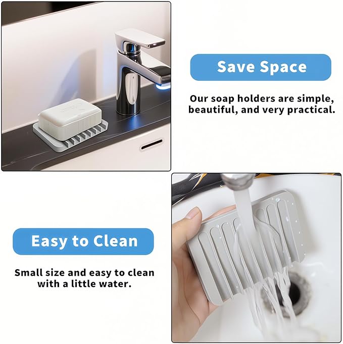2Pcs Self Draining Soap Dishes, Soap Dish for Bathroom Sink, Premium Silicone Soap Holder, Bathroom, Kitchen, Sponges, Keep Soaps Bars Dry Clean, Extend Life Easy Clean Non - Slip Design