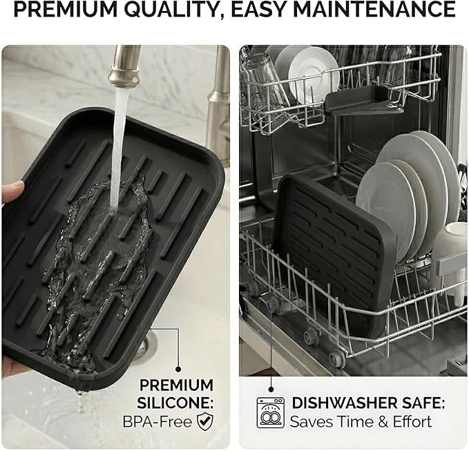 Silicone Organizer Tray, Soap and Sponge Holder for Kitchen Sink, Bathroom - Storage Tray for Dish Brush, Soap Dispenser, Dishwashing Accessories-(Black 1 Pack, 10"x5.3")