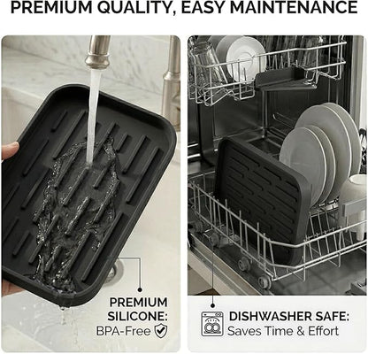 Silicone Organizer Tray, Soap and Sponge Holder for Kitchen Sink, Bathroom - Storage Tray for Dish Brush, Soap Dispenser, Dishwashing Accessories-(Black 1 Pack, 10"x5.3")