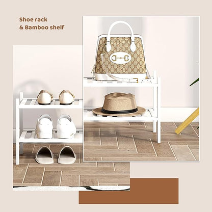 Bamboo Shoe Rack Stackable Shoe Shelf Storage Organizer for Unit Entryway Hallway and Closet Sturdy Freestanding Shoe Shelf(2 Tier White)