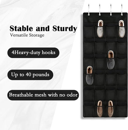 Over the Door Shoe Organizer, 24 Large Breathable Mesh Pockets, Space Saving Hanging Storage, Holds Up to 40 lbs, Hangs on Closets for Shoes, Accessories, Black