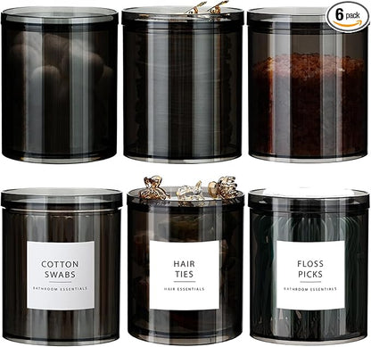 SheeChung 6-Pack Qtip Holder & Black Apothecary Jars - Mixed Sizes (10oz & 12oz)- Bathroom Vanity Storage Organizer Set for Cotton Swabs, Pads, Floss Picks Makeup Sponges- Black