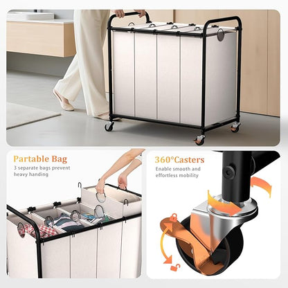 Laundry Sorter 4 Sections 48 Gal, Rolling Laundry Basket with Lockable Wheels and Lid, Laundry Hamper with 4 Separated Removable Bags Dirty Clothes Hamper for Laundry Room Organizer, White