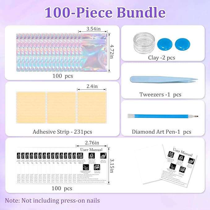 100PCS Press on Nail Packaging Bag, 100PCS Display Card with 231 Pcs Pre-cut Adhesive Tape & Diamond Art Pens & Glue Clay & Tweezers, 6-in-1 Set for Nail Display (Laser-white card)