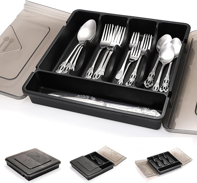Dicunoy Silverware Organizer with Lid, Covered Utensil Drawer Organizer Tray for Kitchen, 5 Compartments Plastic Black Cutlery Flatware Storage Box for Spoons Forks Knives, Office, RV, Countertop