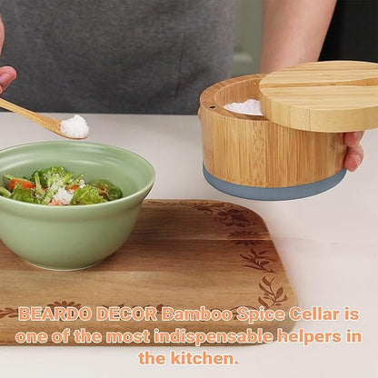 Bamboo Salt Cellar with Lid And Spoon, Grey Salt Box - Easy to Distinguish Spice In The Bowl, Salt Container With Magnetic Swivel Lid For Herbs Or Seasonings