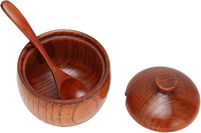Wood Salt Cellar with Lid and Spoon, Wood Salt Container Box Small Spice Containers for Storing Seasonings, 3.5x2.4 Inches