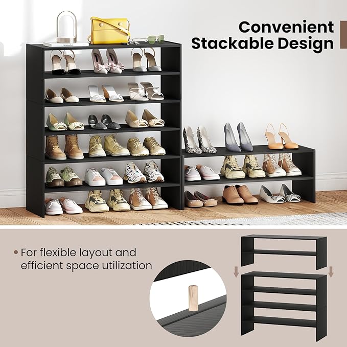 Giantex 3-in-1 Vertical Shoe Rack, 6-Tier Free Standing Shoe Storage Organizer w/Stackable Design for 18 Pairs, 31 Inch Wide Wood Shoe Shelf for Closet, Entryway, Living Room, Office (2, Black)