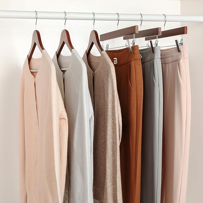 TOPIA HANGER Lotus Wood Pants Hangers, Walnut Wooden Skirt Short Jeans Trouser Hanger with Smooth Surface 360° Swivel Hook Anti Rust 2 Adjustable Clips, 10 Pack CT10PWA