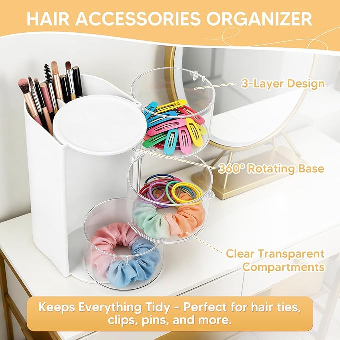 3-Tier Rotating Hair Accessories Organizer, 360° Spinning Storage Stand for Makeup Brushes and Jewelry, Compact Vanity Display Case for Girls, Holds Hair Clips, Earrings, Rings, Bracelets(White)