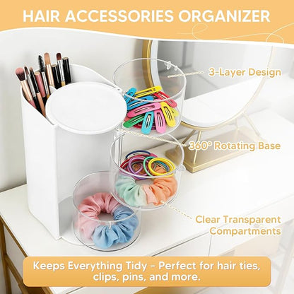 3-Tier Rotating Hair Accessories Organizer, 360° Spinning Storage Stand for Makeup Brushes and Jewelry, Compact Vanity Display Case for Girls, Holds Hair Clips, Earrings, Rings, Bracelets(White)