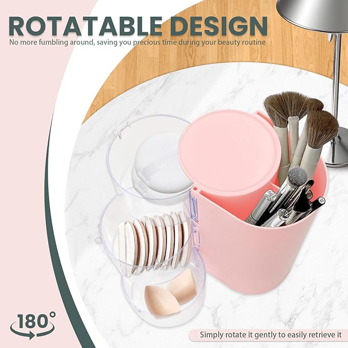 2 Pack Hair Accessories Organizer with Hair Brush Holder, 3-Tier Clear Rotatable Drawer Makeup Sponge Holder, Bathroom Qtip Cotton Swab/Pad/Ball Dispenser Jewelry Box (Pink)