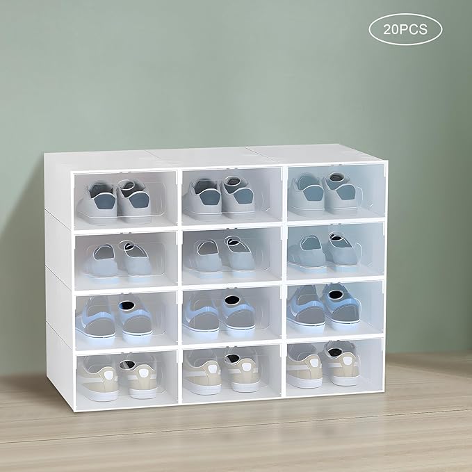 20 PCS Shoe Cabinet Clear Shoe Storage Boxes Stackable Storage Organizer Bins Shoe Organizer for Closet Boot Sneaker Space Saving (20Pcs White)