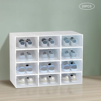 20 PCS Shoe Cabinet Clear Shoe Storage Boxes Stackable Storage Organizer Bins Shoe Organizer for Closet Boot Sneaker Space Saving (20Pcs White)