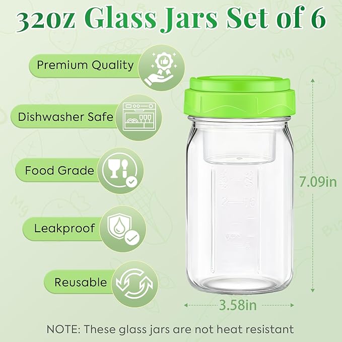 6 Pack Glass Salad Container for Lunch, Salad Jars with Two Dressing Cup for Wet/Dry Separation, Salad Mason Jars with Handle, Leak-proof Meal Prep Containers for Home, Office and Outdoor Use