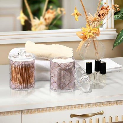ALAZA 2 Pack Qtip Holder Dispenser Rose Gold Mermaid Pink Marble Bathroom Organizer Canisters for Cotton Balls/Swabs/Pads/Floss,Plastic Apothecary Jars for Vanity
