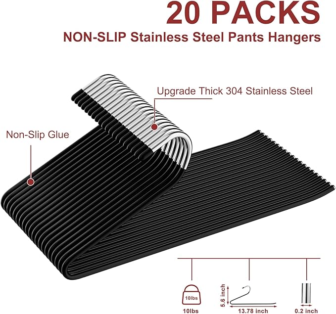 Stainless Steel Pants Hangers, SINYWAY 20 Pack 13.78in Non Slip Open Ended Metal Pants and Jeans Hanger for Men Women Space Saving Hangers for Pants for Closet Organizer for Jeans Trouser Slacks