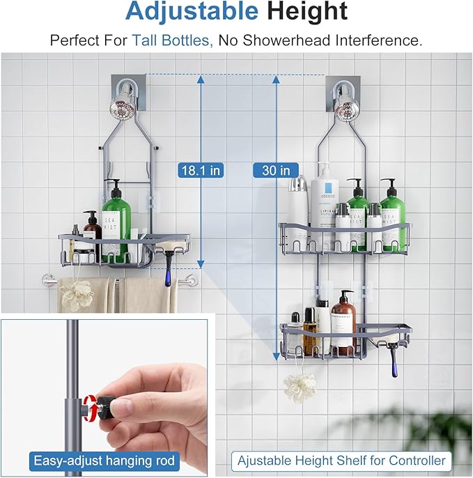 Shower Caddy, Upgraded Extended Length Shower Caddy Over Showerhead No Blocking to Showerhead, Rustproof Bathroom Organizers and Storage with Hooks Shampoo Soap Holder, Large Hanging Caddy