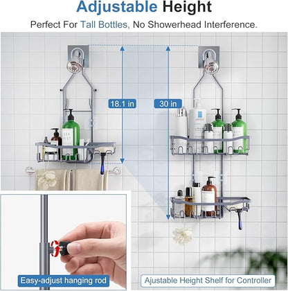 Shower Caddy, Upgraded Extended Length Shower Caddy Over Showerhead No Blocking to Showerhead, Rustproof Bathroom Organizers and Storage with Hooks Shampoo Soap Holder, Large Hanging Caddy