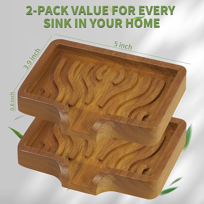 DEBETOOL 2Pack Wood Soap Dish - Natural Wooden Bar Soap Holder with Drain Spout Fast Drying for Shower & Kitchen Sink, Bathroom Sponge Holder with Tray（Waterproof）