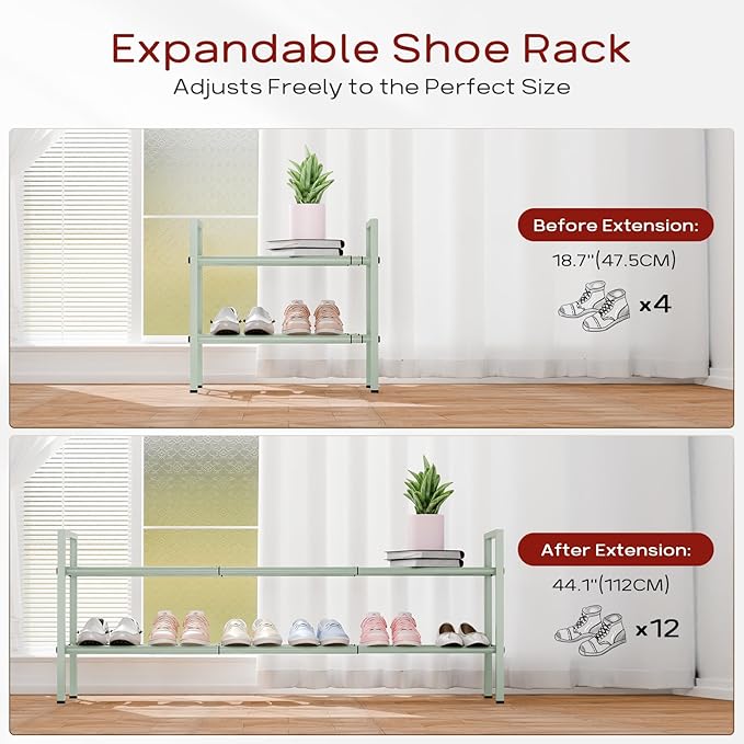 Bumusty 2-Tier Long Expandable Shoe Rack for Closet, 18"-44" Adjustable Shoe Rack for Entryway, 10-12 Pairs Large Shoe Organizer Shelf Storage, Sturdy Metal, Green