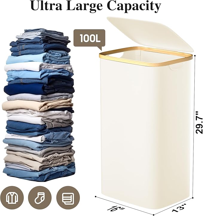 Foluck Large Laundry Hamper, 100L Waterproof Laundry Basket with Lid and Removable Bag, Collapsible Tall Clothes Hamper with Bamboo Handles for Clothes Toys in Dorm Bedroom Bathroom, Beige