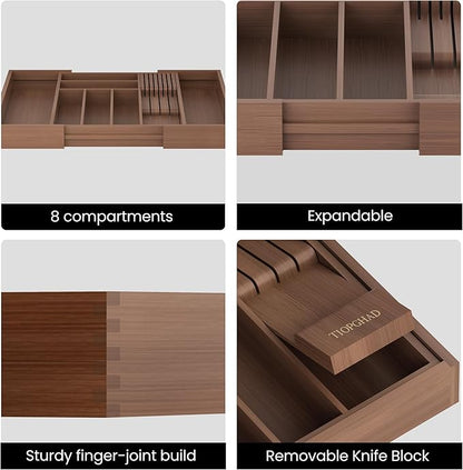 TIOPGHAD Bamboo-Silverware-Drawer-Organizer-Kitchen, Expandable Utensil Holder Cutlery Tray Flatware Organization Adjustable Wood Tableware Dividers Storage (with Removable Knife Block)(Brown)