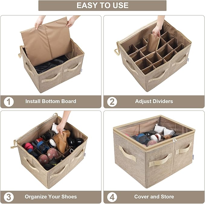 Moteph Shoe Organizer for Closet - Shoe Storage Organizer for Closet Organization with Clear Cover & Adjustable Dividers, Shoe Rack & Basket - (Light Brown, Medium - 16 Pairs)