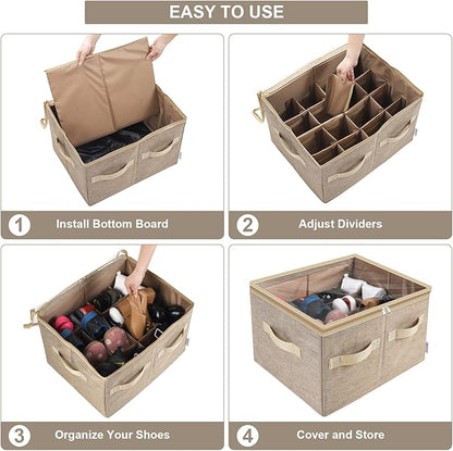 Moteph Shoe Organizer for Closet - Shoe Storage Organizer for Closet Organization with Clear Cover & Adjustable Dividers, Shoe Rack & Basket - (Light Brown, Medium - 16 Pairs)