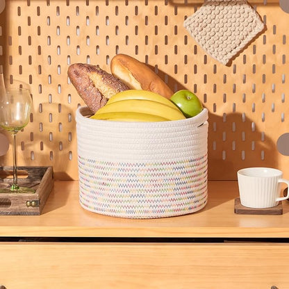 MiniArk Small Basket for Organizing | Cube Shelf Closet Storage Baskets | 9.7×9.7×7.1” | Woven Rope Gift Basket | Nursery | Round 3 Packs Rainbow