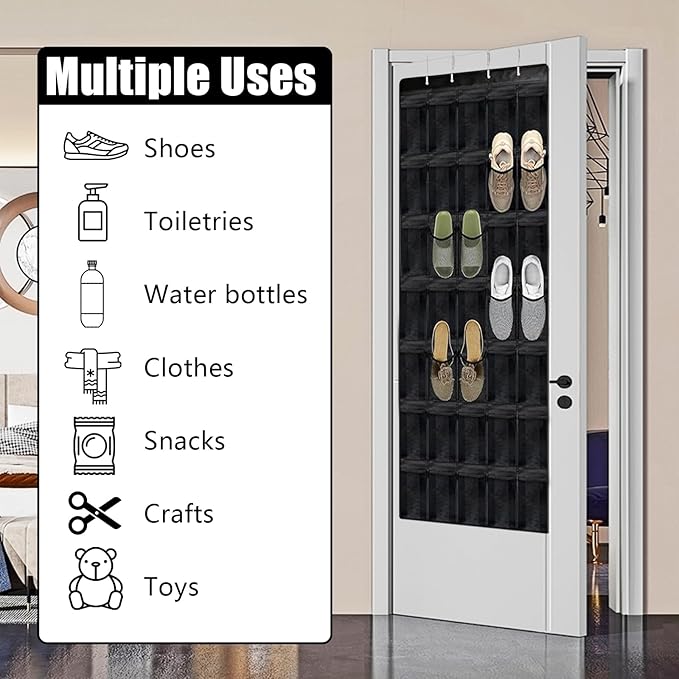 Over the Door Shoe Organizer 35 Pockets, Black Folding Hanging Shoe Rack for Door with Metal Hooks, No-Drill Install, Space-Saving Door Shoe Organizer for Closet, 67.7in x 26.4in
