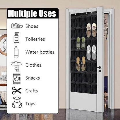 Over the Door Shoe Organizer 35 Pockets, Black Folding Hanging Shoe Rack for Door with Metal Hooks, No-Drill Install, Space-Saving Door Shoe Organizer for Closet, 67.7in x 26.4in
