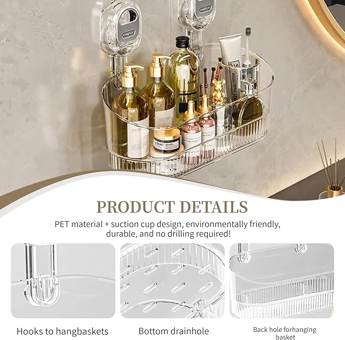 No-Drill Wall Mount Storage Box, Wave-Grip Suction Cup Bathroom Organizer, Transparent PET Shower Caddy for Cosmetics Toiletries Kitchen Countertop, Small Size