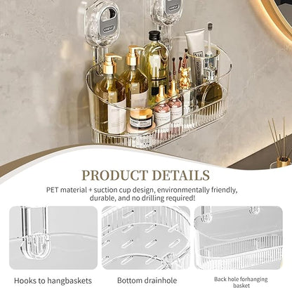 No-Drill Wall Mount Storage Box, Wave-Grip Suction Cup Bathroom Organizer, Transparent PET Shower Caddy for Cosmetics Toiletries Kitchen Countertop, Small Size