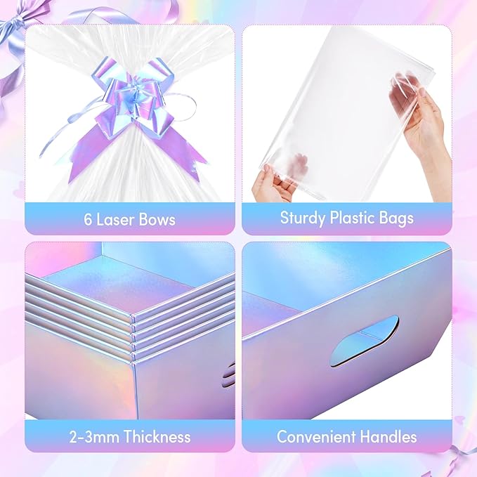 AFOROEOA 6PACK Laser Baskets for Gifts Empty, 12x10x4” Holographic Iridescent Gift Basket Kit with 6 Bows & 6 Bags - Kraft Empty Gift Baskets for Christmas, Weddings, Birthdays, Holiday Gifting Hampers