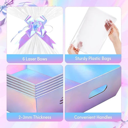 AFOROEOA 6PACK Laser Baskets for Gifts Empty, 12x10x4” Holographic Iridescent Gift Basket Kit with 6 Bows & 6 Bags - Kraft Empty Gift Baskets for Christmas, Weddings, Birthdays, Holiday Gifting Hampers