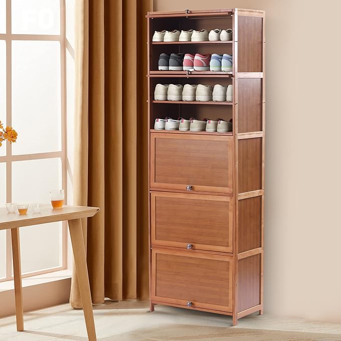 10 Tiers 20-Pair Shoe Storage Cabinet Tall Bamboo Hidden Shoe Storage Free Standing Shoe Rack with Concealed Sliding Doors for Living Room Entrance and Bedroom